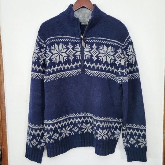 ST.JOHN’S Bay Wool Fair Isle Sweater Medium Navy Snowflake Half Zip Pullover - Picture 2 of 10